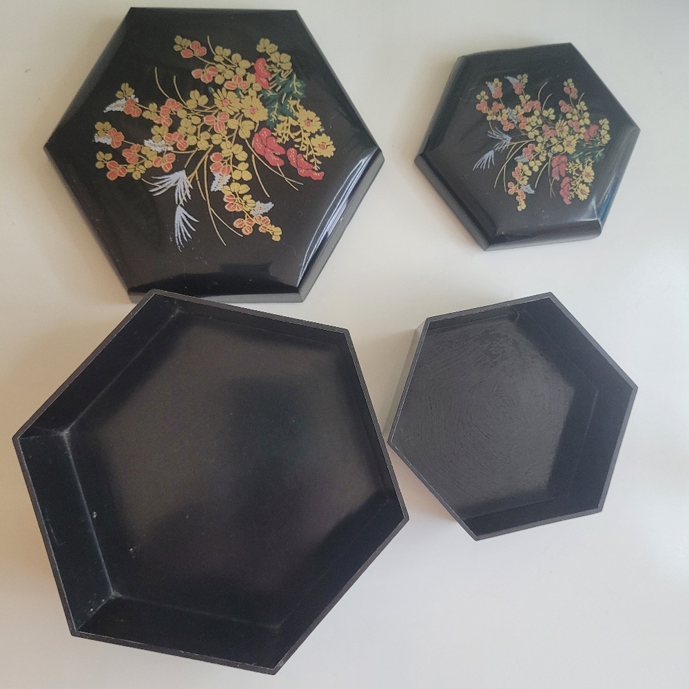 Vintage Asian Style Floral Hexagonal Boxes Set Of 2 Hong Kong